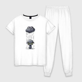 Женская пижама хлопок с принтом Грустный Котик в Белгороде, 100% хлопок | брюки и футболка прямого кроя, без карманов, на брюках мягкая резинка на поясе и по низу штанин | грустный котик | дождь | котик | облако