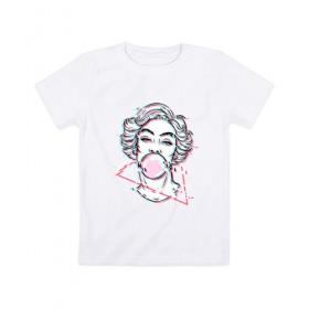 Детская футболка хлопок с принтом blowing bubble gum glitch в Белгороде, 100% хлопок | круглый вырез горловины, полуприлегающий силуэт, длина до линии бедер | blowing | bubble gum | абстракция | глитч | девушка | жвачка | линии | мода | психоделика | пузырь