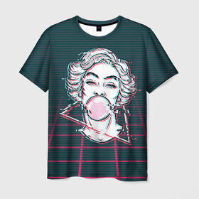 Мужская футболка 3D с принтом blowing bubble gum glitch в Белгороде, 100% полиэфир | прямой крой, круглый вырез горловины, длина до линии бедер | blowing | bubble gum | абстракция | глитч | девушка | жвачка | линии | мода | психоделика | пузырь