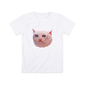 Детская футболка хлопок с принтом Плачущий кот в Белгороде, 100% хлопок | круглый вырез горловины, полуприлегающий силуэт, длина до линии бедер | cat | crying | meme | кот | мем | плачущий