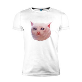 Мужская футболка премиум с принтом Плачущий кот в Белгороде, 92% хлопок, 8% лайкра | приталенный силуэт, круглый вырез ворота, длина до линии бедра, короткий рукав | Тематика изображения на принте: cat | crying | meme | кот | мем | плачущий