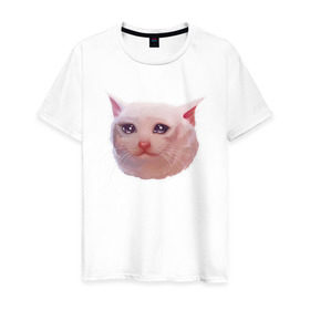 Мужская футболка хлопок с принтом Плачущий кот в Белгороде, 100% хлопок | прямой крой, круглый вырез горловины, длина до линии бедер, слегка спущенное плечо. | Тематика изображения на принте: cat | crying | meme | кот | мем | плачущий
