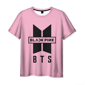 Мужская футболка 3D с принтом BTS and BLACKPINK в Белгороде, 100% полиэфир | прямой крой, круглый вырез горловины, длина до линии бедер | bangtan boys | black | blackpink | bt21 | bts | k pop | pink | rose | блек пинк | блекпинк | блэк пинк | блэкпинк | бтс
