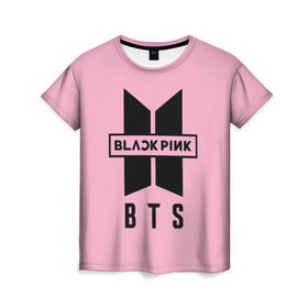 Женская футболка 3D с принтом BTS and BLACKPINK в Белгороде, 100% полиэфир ( синтетическое хлопкоподобное полотно) | прямой крой, круглый вырез горловины, длина до линии бедер | bangtan boys | black | blackpink | bt21 | bts | k pop | pink | rose | блек пинк | блекпинк | блэк пинк | блэкпинк | бтс