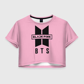 Женская футболка Cropp-top с принтом BTS and BLACKPINK в Белгороде, 100% полиэстер | круглая горловина, длина футболки до линии талии, рукава с отворотами | bangtan boys | black | blackpink | bt21 | bts | k pop | pink | rose | блек пинк | блекпинк | блэк пинк | блэкпинк | бтс