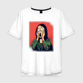 Мужская футболка хлопок Oversize с принтом Мона Лиза в Белгороде, 100% хлопок | свободный крой, круглый ворот, “спинка” длиннее передней части | fear | halloween | mona lisa | мона лиза | ужас | хеллоуин | хэллоуин