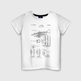 Детская футболка хлопок с принтом Musical instrument в Белгороде, 100% хлопок | круглый вырез горловины, полуприлегающий силуэт, длина до линии бедер | patent | звук | идея | история | музыка | патент | разработка | труба | трубач | чертеж | чертежи