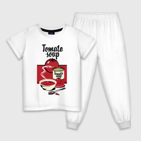 Детская пижама хлопок с принтом Томатный суп в Белгороде, 100% хлопок |  брюки и футболка прямого кроя, без карманов, на брюках мягкая резинка на поясе и по низу штанин
 | flat | food | poster | retro | soup | spoon | steam | tomato | еда | ложка | пар | плакат | помидор | ретро | суп | тарелка