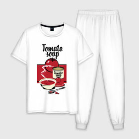 Мужская пижама хлопок с принтом Томатный суп в Белгороде, 100% хлопок | брюки и футболка прямого кроя, без карманов, на брюках мягкая резинка на поясе и по низу штанин
 | flat | food | poster | retro | soup | spoon | steam | tomato | еда | ложка | пар | плакат | помидор | ретро | суп | тарелка