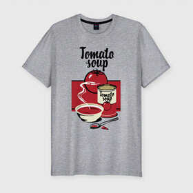 Мужская футболка хлопок Slim с принтом Томатный суп в Белгороде, 92% хлопок, 8% лайкра | приталенный силуэт, круглый вырез ворота, длина до линии бедра, короткий рукав | flat | food | poster | retro | soup | spoon | steam | tomato | еда | ложка | пар | плакат | помидор | ретро | суп | тарелка