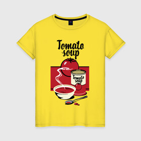 Женская футболка хлопок с принтом Томатный суп в Белгороде, 100% хлопок | прямой крой, круглый вырез горловины, длина до линии бедер, слегка спущенное плечо | flat | food | poster | retro | soup | spoon | steam | tomato | еда | ложка | пар | плакат | помидор | ретро | суп | тарелка