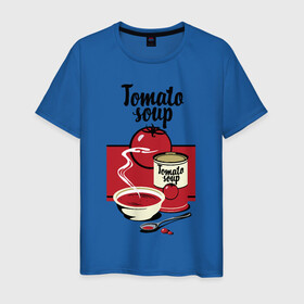 Мужская футболка хлопок с принтом Томатный суп в Белгороде, 100% хлопок | прямой крой, круглый вырез горловины, длина до линии бедер, слегка спущенное плечо. | Тематика изображения на принте: flat | food | poster | retro | soup | spoon | steam | tomato | еда | ложка | пар | плакат | помидор | ретро | суп | тарелка