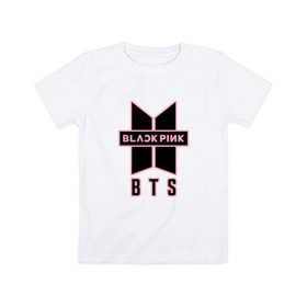 Детская футболка хлопок с принтом BTS and BLACKPINK в Белгороде, 100% хлопок | круглый вырез горловины, полуприлегающий силуэт, длина до линии бедер | bangtan boys | black | blackpink | bt21 | bts | k pop | pink | rose | блек пинк | блекпинк | блэк пинк | блэкпинк | бтс