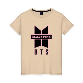 Женская футболка хлопок с принтом BTS and BLACKPINK в Белгороде, 100% хлопок | прямой крой, круглый вырез горловины, длина до линии бедер, слегка спущенное плечо | bangtan boys | black | blackpink | bt21 | bts | k pop | pink | rose | блек пинк | блекпинк | блэк пинк | блэкпинк | бтс