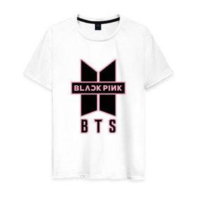 Мужская футболка хлопок с принтом BTS and BLACKPINK в Белгороде, 100% хлопок | прямой крой, круглый вырез горловины, длина до линии бедер, слегка спущенное плечо. | bangtan boys | black | blackpink | bt21 | bts | k pop | pink | rose | блек пинк | блекпинк | блэк пинк | блэкпинк | бтс