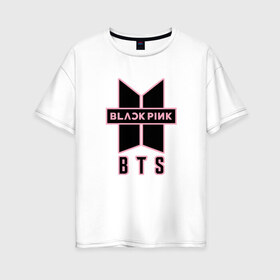 Женская футболка хлопок Oversize с принтом BTS and BLACKPINK в Белгороде, 100% хлопок | свободный крой, круглый ворот, спущенный рукав, длина до линии бедер
 | bangtan boys | black | blackpink | bt21 | bts | k pop | pink | rose | блек пинк | блекпинк | блэк пинк | блэкпинк | бтс