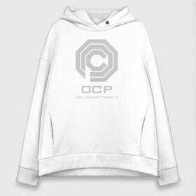 Женское худи Oversize хлопок с принтом OCP в Белгороде, френч-терри — 70% хлопок, 30% полиэстер. Мягкий теплый начес внутри —100% хлопок | боковые карманы, эластичные манжеты и нижняя кромка, капюшон на магнитной кнопке | omni consumer products | алекс мёрфи | робокоп. детройт