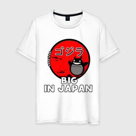 Мужская футболка хлопок с принтом Big in Japan в Белгороде, 100% хлопок | прямой крой, круглый вырез горловины, длина до линии бедер, слегка спущенное плечо. | Тематика изображения на принте: big in japan | годзилла | японский флаг