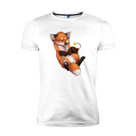 Мужская футболка премиум с принтом Хитрый лис в Белгороде, 92% хлопок, 8% лайкра | приталенный силуэт, круглый вырез ворота, длина до линии бедра, короткий рукав | лис | лиса | лисенок | песец | рыжая лисица | рыжий лис