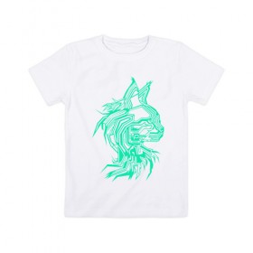 Детская футболка хлопок с принтом Maine Coon в Белгороде, 100% хлопок | круглый вырез горловины, полуприлегающий силуэт, длина до линии бедер | cat | chips | cyber cat | cyber light | cyber punk | maine coon | maine coon cat | neon | neon light | xacker cat