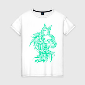 Женская футболка хлопок с принтом Maine Coon в Белгороде, 100% хлопок | прямой крой, круглый вырез горловины, длина до линии бедер, слегка спущенное плечо | cat | chips | cyber cat | cyber light | cyber punk | maine coon | maine coon cat | neon | neon light | xacker cat