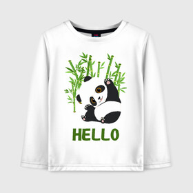 Детский лонгслив хлопок с принтом Panda Hello в Белгороде, 100% хлопок | круглый вырез горловины, полуприлегающий силуэт, длина до линии бедер | Тематика изображения на принте: panda hello | животные | панда | панды | привет