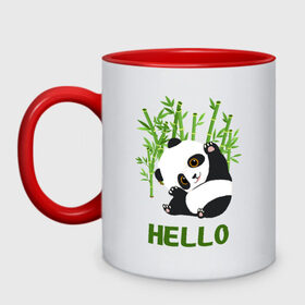 Кружка двухцветная с принтом Panda Hello в Белгороде, керамика | объем — 330 мл, диаметр — 80 мм. Цветная ручка и кайма сверху, в некоторых цветах — вся внутренняя часть | Тематика изображения на принте: panda hello | животные | панда | панды | привет