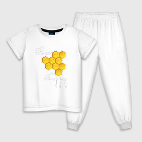 Детская пижама хлопок с принтом Bee happy! в Белгороде, 100% хлопок |  брюки и футболка прямого кроя, без карманов, на брюках мягкая резинка на поясе и по низу штанин
 | be | bee | happy | весело | мед | пчела | соты | счастье