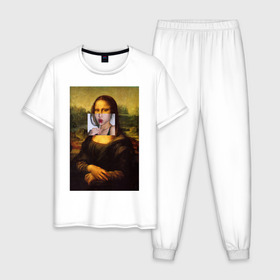 Мужская пижама хлопок с принтом Мона лиза в Белгороде, 100% хлопок | брюки и футболка прямого кроя, без карманов, на брюках мягкая резинка на поясе и по низу штанин
 | mona lisa | леонардо винчи | мона лиза | мона лиза картина | мона лиза леонардо | мона лиза одежда