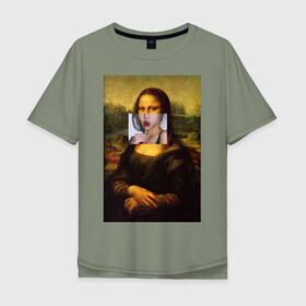 Мужская футболка хлопок Oversize с принтом Мона лиза в Белгороде, 100% хлопок | свободный крой, круглый ворот, “спинка” длиннее передней части | mona lisa | леонардо винчи | мона лиза | мона лиза картина | мона лиза леонардо | мона лиза одежда