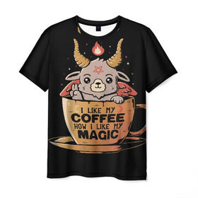 Мужская футболка 3D с принтом How I Like My Coffee в Белгороде, 100% полиэфир | прямой крой, круглый вырез горловины, длина до линии бедер | Тематика изображения на принте: coffee | diy | espresso | how | like | lol | my | как | кофе | лол | мой | монстрик | рога | сделай сам | сказка | эспрессо