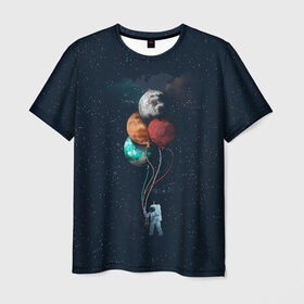 Мужская футболка 3D с принтом Космонавт с Планетами в Белгороде, 100% полиэфир | прямой крой, круглый вырез горловины, длина до линии бедер | astronaut | cosmonaut | nasa | planet | stars | астронавт | в космосе | галактика | космонавт | космос | планеты | с шариками | шарики