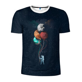 Мужская футболка 3D спортивная с принтом Космонавт с Планетами в Белгороде, 100% полиэстер с улучшенными характеристиками | приталенный силуэт, круглая горловина, широкие плечи, сужается к линии бедра | astronaut | cosmonaut | nasa | planet | stars | астронавт | в космосе | галактика | космонавт | космос | планеты | с шариками | шарики