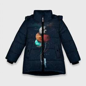Зимняя куртка для девочек 3D с принтом Космонавт с Планетами в Белгороде, ткань верха — 100% полиэстер; подклад — 100% полиэстер, утеплитель — 100% полиэстер. | длина ниже бедра, удлиненная спинка, воротник стойка и отстегивающийся капюшон. Есть боковые карманы с листочкой на кнопках, утяжки по низу изделия и внутренний карман на молнии. 

Предусмотрены светоотражающий принт на спинке, радужный светоотражающий элемент на пуллере молнии и на резинке для утяжки. | Тематика изображения на принте: astronaut | cosmonaut | nasa | planet | stars | астронавт | в космосе | галактика | космонавт | космос | планеты | с шариками | шарики
