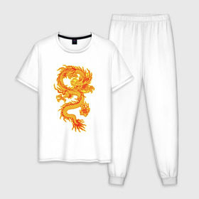 Мужская пижама хлопок с принтом Огненный Дракон в Белгороде, 100% хлопок | брюки и футболка прямого кроя, без карманов, на брюках мягкая резинка на поясе и по низу штанин
 | Тематика изображения на принте: дракон | мистическое существо | огненный дракон | огонь