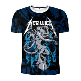 Мужская футболка 3D спортивная с принтом Metallica в Белгороде, 100% полиэстер с улучшенными характеристиками | приталенный силуэт, круглая горловина, широкие плечи, сужается к линии бедра | american | blue | demon | devil | flame | hell | metal band | metallica | music | rock | американская | голубое | демон | дьявол | метал группа | металлика | музыка | пламя | рок | черт