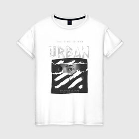 Женская футболка хлопок с принтом Black Urban Style в Белгороде, 100% хлопок | прямой крой, круглый вырез горловины, длина до линии бедер, слегка спущенное плечо | Тематика изображения на принте: black | urban | буквы | взгляд | глаза | лицо | минимализм | полосы | рваная | стиль | урбан | урбанистический