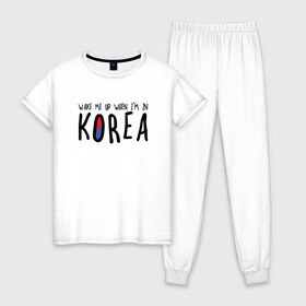 Женская пижама хлопок с принтом Разбуди меня в Корее в Белгороде, 100% хлопок | брюки и футболка прямого кроя, без карманов, на брюках мягкая резинка на поясе и по низу штанин | k pop | korea | korean | корея | разбуди меня в корее | разбуди меня когда я буду в корее | южная корея