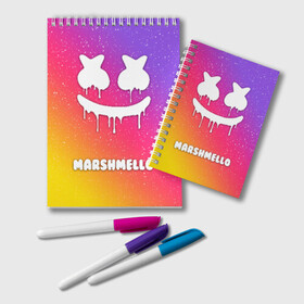 Блокнот с принтом MARSHMELLO RAINBOW SPACE в Белгороде, 100% бумага | 48 листов, плотность листов — 60 г/м2, плотность картонной обложки — 250 г/м2. Листы скреплены удобной пружинной спиралью. Цвет линий — светло-серый
 | Тематика изображения на принте: america | dj | marshmello | usa | америка | маршмелло