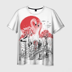 Мужская футболка 3D с принтом Сад Фламинго в Белгороде, 100% полиэфир | прямой крой, круглый вырез горловины, длина до линии бедер | Тематика изображения на принте: bridge | flamingo | garden | geisha | japan | pink | sakura | samurai | tradition | мост | розовый | сад | сакура | самурай | традиция | фламинго | япония