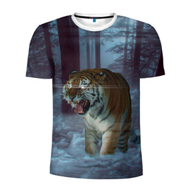 Мужская футболка 3D спортивная с принтом ТИГР В СУМЕРЕЧНОМ ЛЕСУ в Белгороде, 100% полиэстер с улучшенными характеристиками | приталенный силуэт, круглая горловина, широкие плечи, сужается к линии бедра | Тематика изображения на принте: tiger | в лесу | дикая | кошка | лес | природа | тигр | тигренок | тигрица | тигры