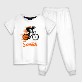 Детская пижама хлопок с принтом Scratch в Белгороде, 100% хлопок |  брюки и футболка прямого кроя, без карманов, на брюках мягкая резинка на поясе и по низу штанин
 | Тематика изображения на принте: bicycle racer | bicycling | bike | helmet | race | scratch | speed | sportsman | trek | велогонка | велогонщик | велосипед | гонка | скорость | спортсмен | трек | шлем