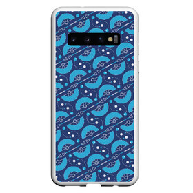 Чехол для Samsung Galaxy S10 с принтом Fire performer pattern blue в Белгороде, Силикон | Область печати: задняя сторона чехла, без боковых панелей | double staff | fan | fire fans | fire show | flow art | poi | spin | веера | дабл стафф | даблы | жонглер | пои | спиннер | фаер шоу | фаерщик