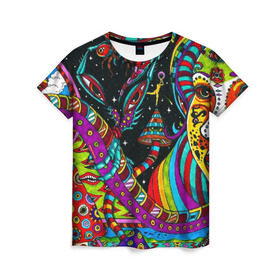 Женская футболка 3D с принтом психоделика в Белгороде, 100% полиэфир ( синтетическое хлопкоподобное полотно) | прямой крой, круглый вырез горловины, длина до линии бедер | abstract | abstraction | color | geometry | paitnt | psy | абстракция | геометрия | краски | неоновые | психоделика
