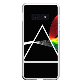 Чехол для Samsung S10E с принтом PINK FLOYD в Белгороде, Силикон | Область печати: задняя сторона чехла, без боковых панелей | Тематика изображения на принте: music | pink floyd | the dark side of the moon | космос | луна | музыка | пинк флойд | призма | рок | треугольник | триангулярная призма