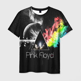 Мужская футболка 3D с принтом PINK FLOYD в Белгороде, 100% полиэфир | прямой крой, круглый вырез горловины, длина до линии бедер | music | pink floyd | the dark side of the moon | космос | луна | музыка | пинк флойд | призма | рок | треугольник | триангулярная призма