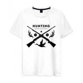 Мужская футболка хлопок с принтом Hunting. Natural Born Hunter в Белгороде, 100% хлопок | прямой крой, круглый вырез горловины, длина до линии бедер, слегка спущенное плечо. | hunter | natural born hunter | звезда | оружие | охота | охотник | птица | рога | ружье | селезень | трофей | утка | хобби