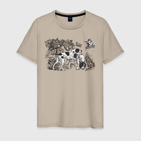 Мужская футболка хлопок с принтом Охотничьи собаки в Белгороде, 100% хлопок | прямой крой, круглый вырез горловины, длина до линии бедер, слегка спущенное плечо. | hunt | hunter | охота | охотник | пес | рисунок | собаки | туризм | хобби