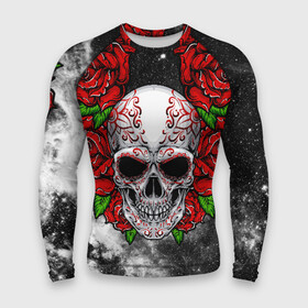 Мужской рашгард 3D с принтом Skull and Roses в Белгороде,  |  | flowers | muertos | roses | skull | space | tribal | звезды | космос | лепестки | муэртос | розы | трайбл | цветы | череп