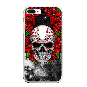 Чехол для iPhone 7Plus/8 Plus матовый с принтом Skull and Roses в Белгороде, Силикон | Область печати: задняя сторона чехла, без боковых панелей | Тематика изображения на принте: flowers | muertos | roses | skull | space | tribal | звезды | космос | лепестки | муэртос | розы | трайбл | цветы | череп